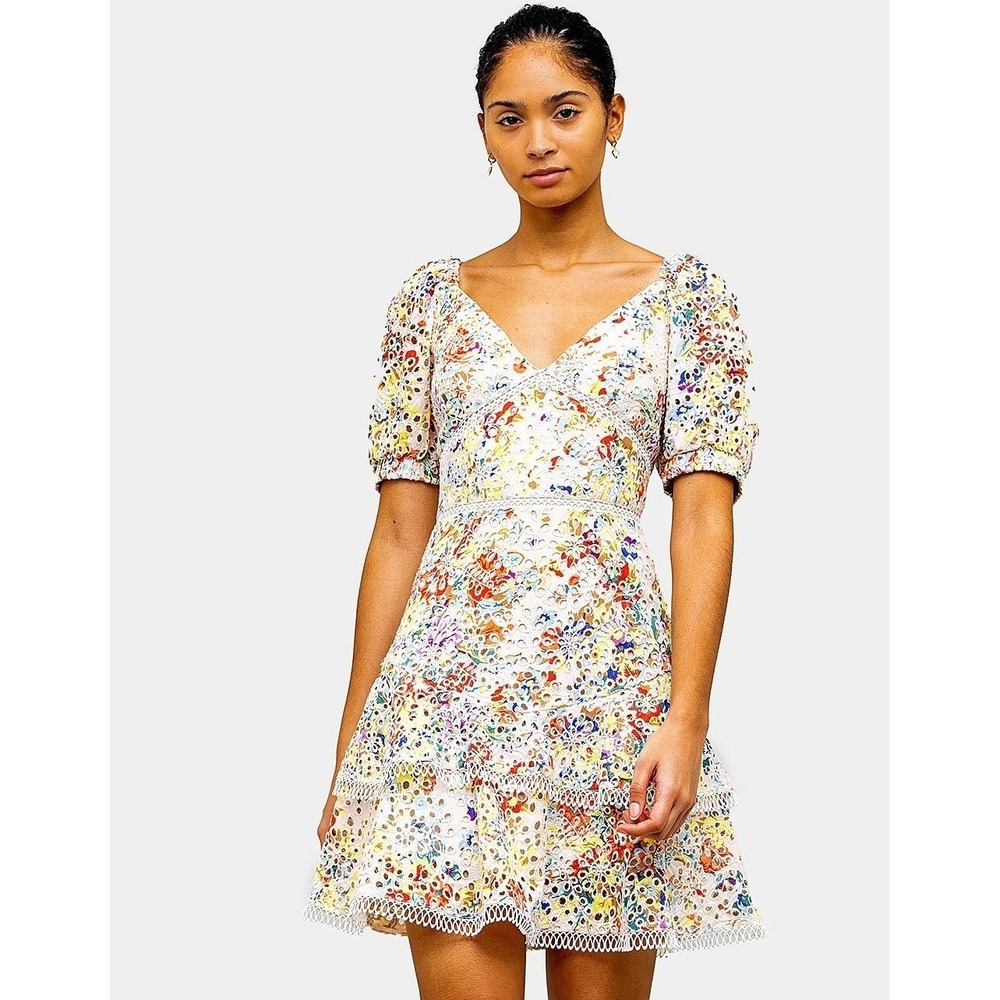 En Saison Womens Ruffle Eleyet Mini Dress L Multicolor Puff Sleeve Floral Print